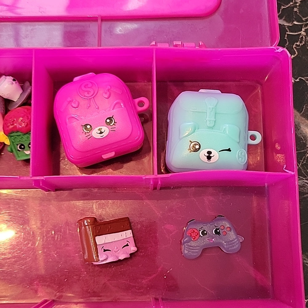 Lot Of Shopkins Mini Figures And Accessories In A Carrying Pink Case