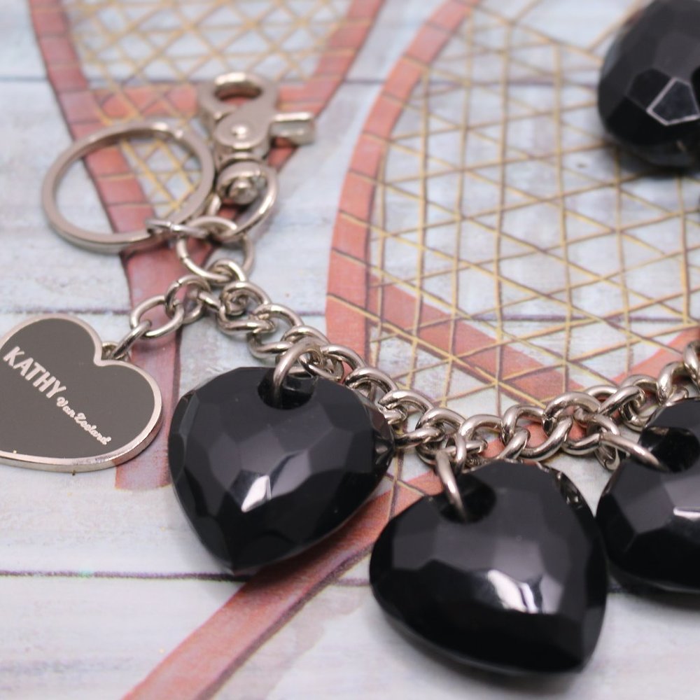 9.25" Kathy Van Zeeland Black Resin Heart Key Chain/Backpack Clip-Silver Tone