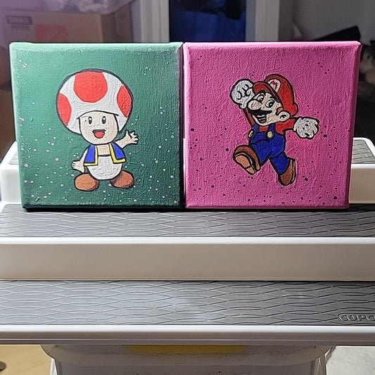 Lot Of 2 Mario & Toad Super Mario Brothers Hand Painted In Frame Square Wall Kid