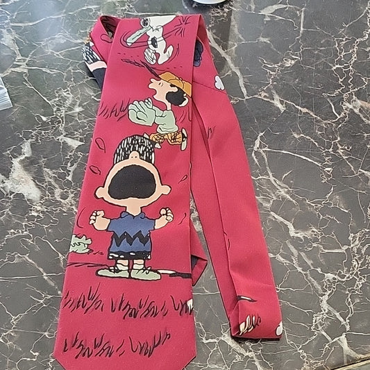 Snoopy Baseball Tie ( Snoopy,Charlie Brown,Lucy) Red Wine Color 1958 Vintage