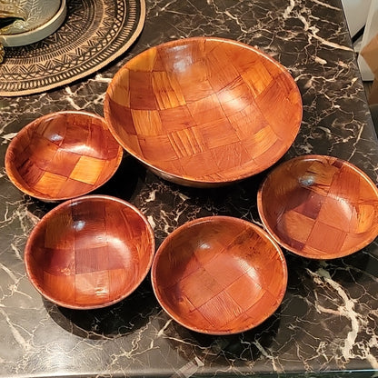 5 Vintage Salad Serving Wooden Woven Bowl Pressed Wood Weave Lathe Small Nested