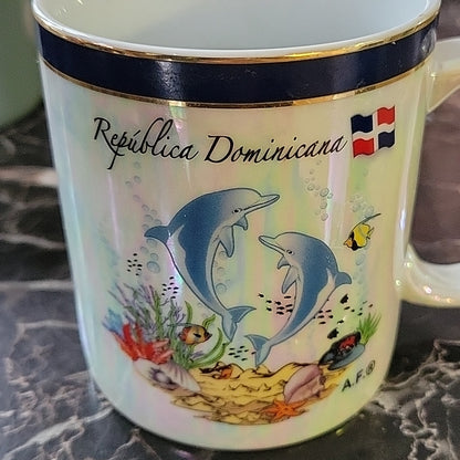El Frutal Republica Dominicana Souvenir Coffee Mug Tea Cup Opalescent Dolphins