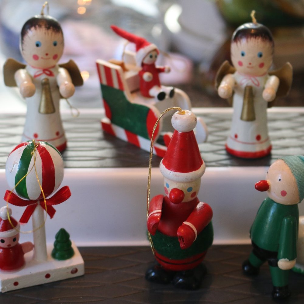 Vintage Handpainted Wooden Angel Girl Santa Claus  Figurines / Ornaments