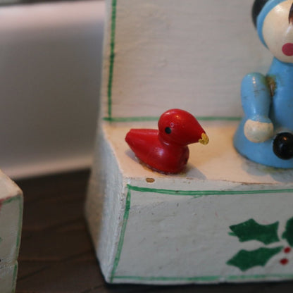 Vintage Handpainted Wooden Girl & Girld On A Box Figures Figurines / Ornaments