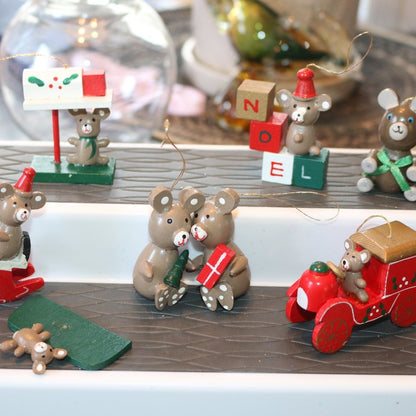 Vintage Handpainted Wooden Noel Teddy Bear Mice Mouse Figurines / Ornaments