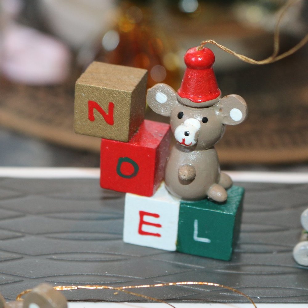 Vintage Handpainted Wooden Noel Teddy Bear Mice Mouse Figurines / Ornaments