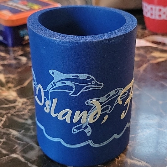 Marco Island Florida Beer Can Coozie Cooler Blue Vintage Dolphin Aninals Drawing