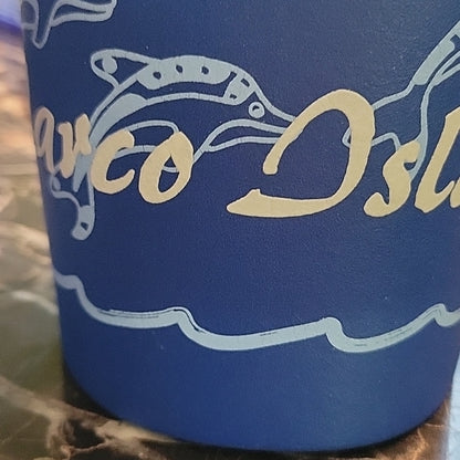 Marco Island Florida Beer Can Coozie Cooler Blue Vintage Dolphin Aninals Drawing