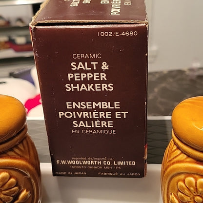 Vintage Retro Salt & Pepper Shakers Made In Japan Brown Ceramic W/ Flowers Box