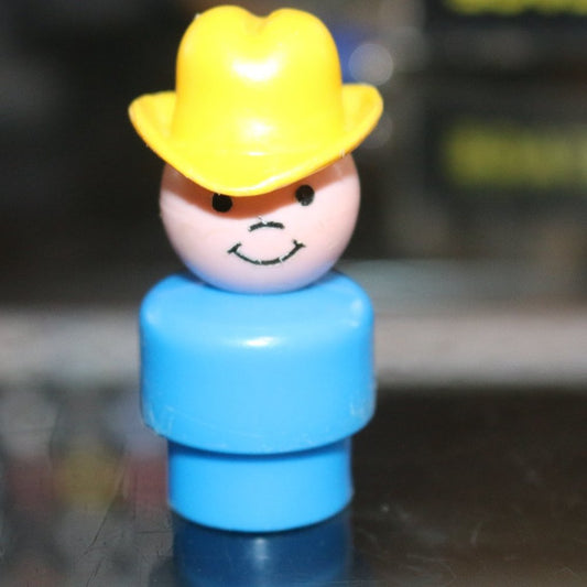 Vintage Fisher Price Little People Wood Blue Farmer Boy/Cowboy W/Yellow Hat