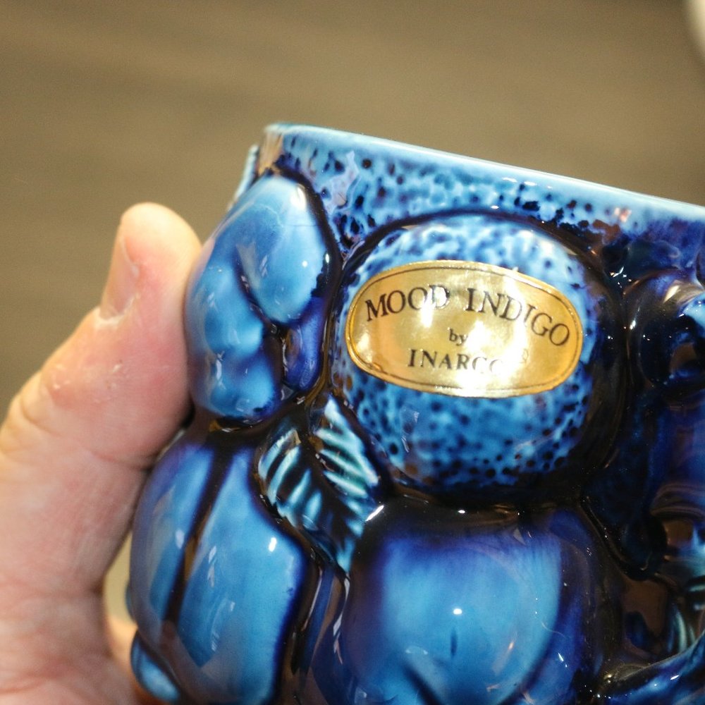Vintage Ceramic Coffee Mugs Indigo Blue Raised Fruit Inarco No E2431 Japan
