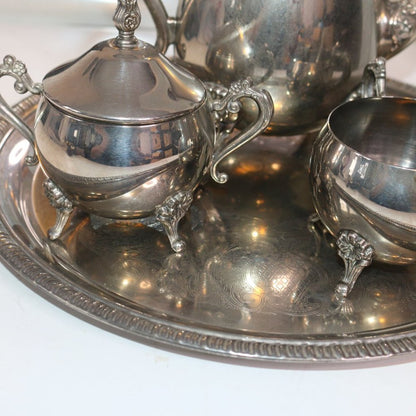 Vintage Elegance Silver Plated 5 Pcs Silver Plated Tea Set Footed Spoon