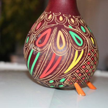 Handmade Carved Etched Colorful Peruvian Gourd Long Neck Bird Figurine Folk Art